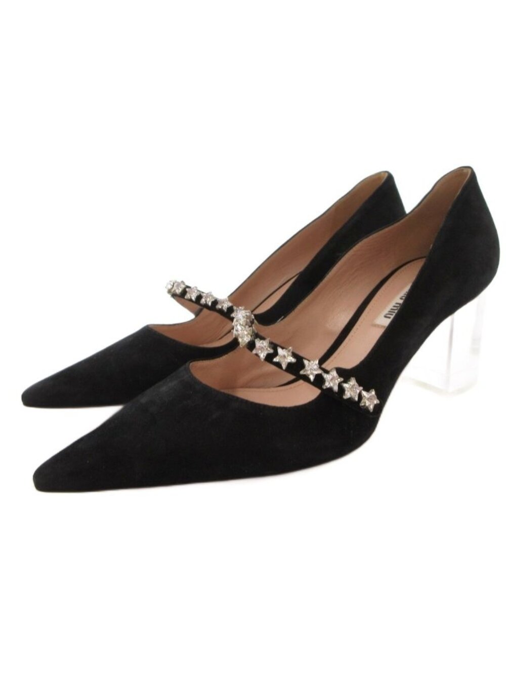 Miu Miu Pumps Clear Heels Star Bijou Suede Pointe Black